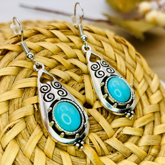 Urban Outfitters Jewelry - Urban Outfitters Boho Antique Silver Turquoise Hollow Engraving Drop Earrings